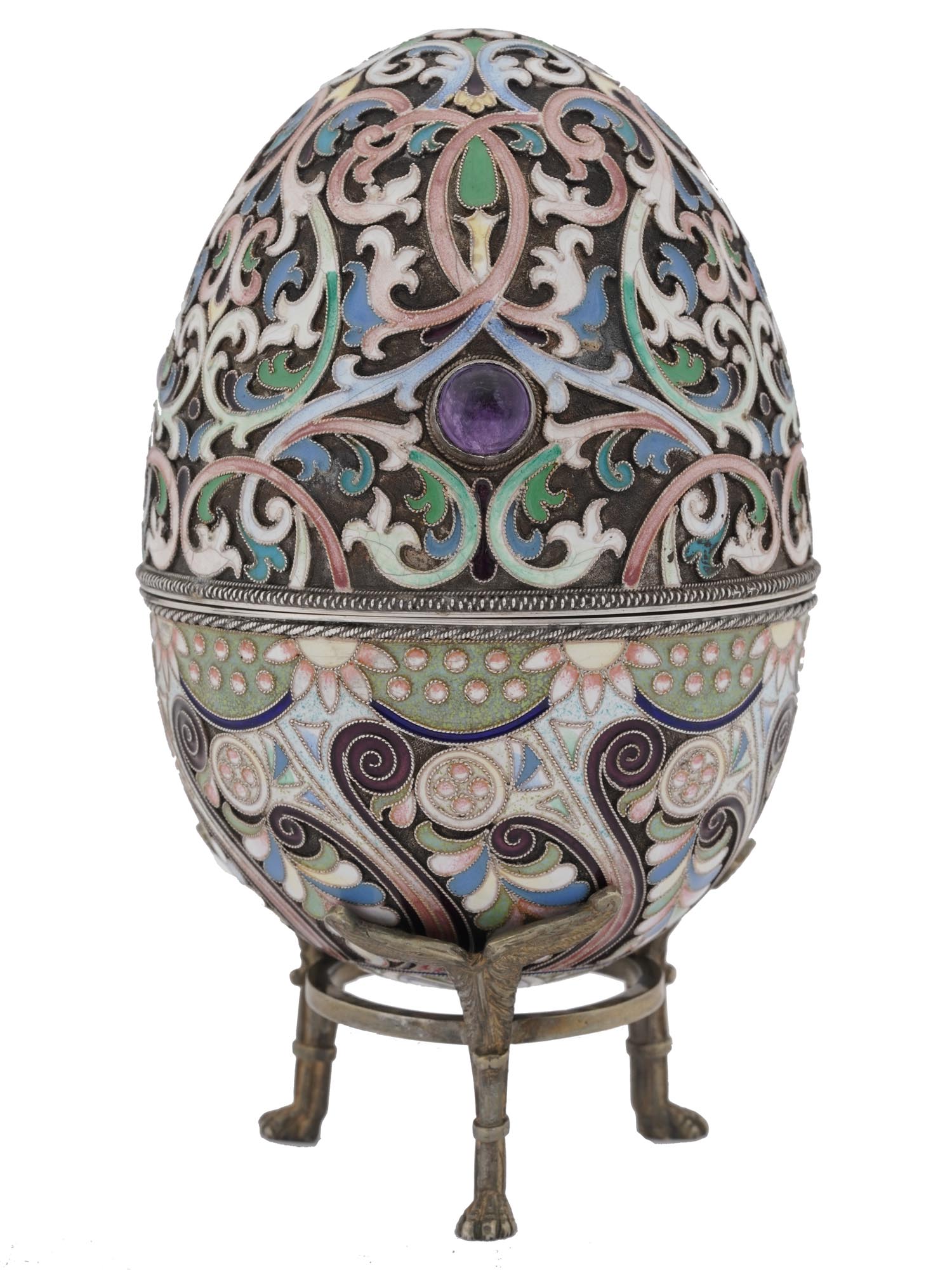 LARGE RUSSIAN SILVER ENAMEL EGG CASKET WITH STAND PIC-0